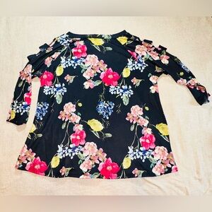 Lilypad Floral Cold Shoulder Tunic Top 2X Black Multicolor Made in USA NWT